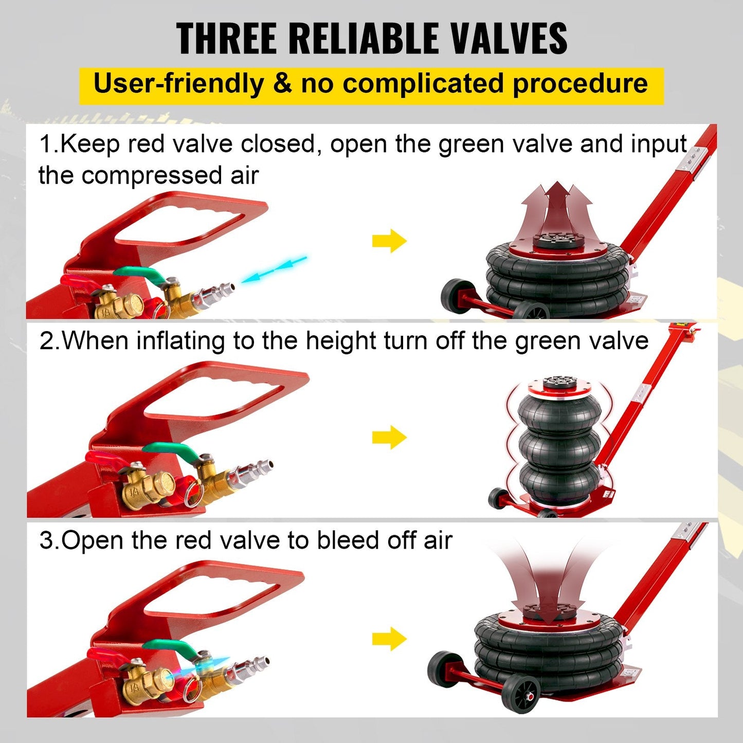 Triple Bag Pneumatic Air Jack – 5 Ton Capacity in Red and Black
5 Ton Air Jack – Top View Showing Triple Airbags and Base
Adjustable Handle Pneumatic Air Jack – Folded Position for Storage
Heavy-Duty Air Jack – Full Setup with Hose and Handle
Triple Air Bag Jack in Use – Lifting a Vehicle