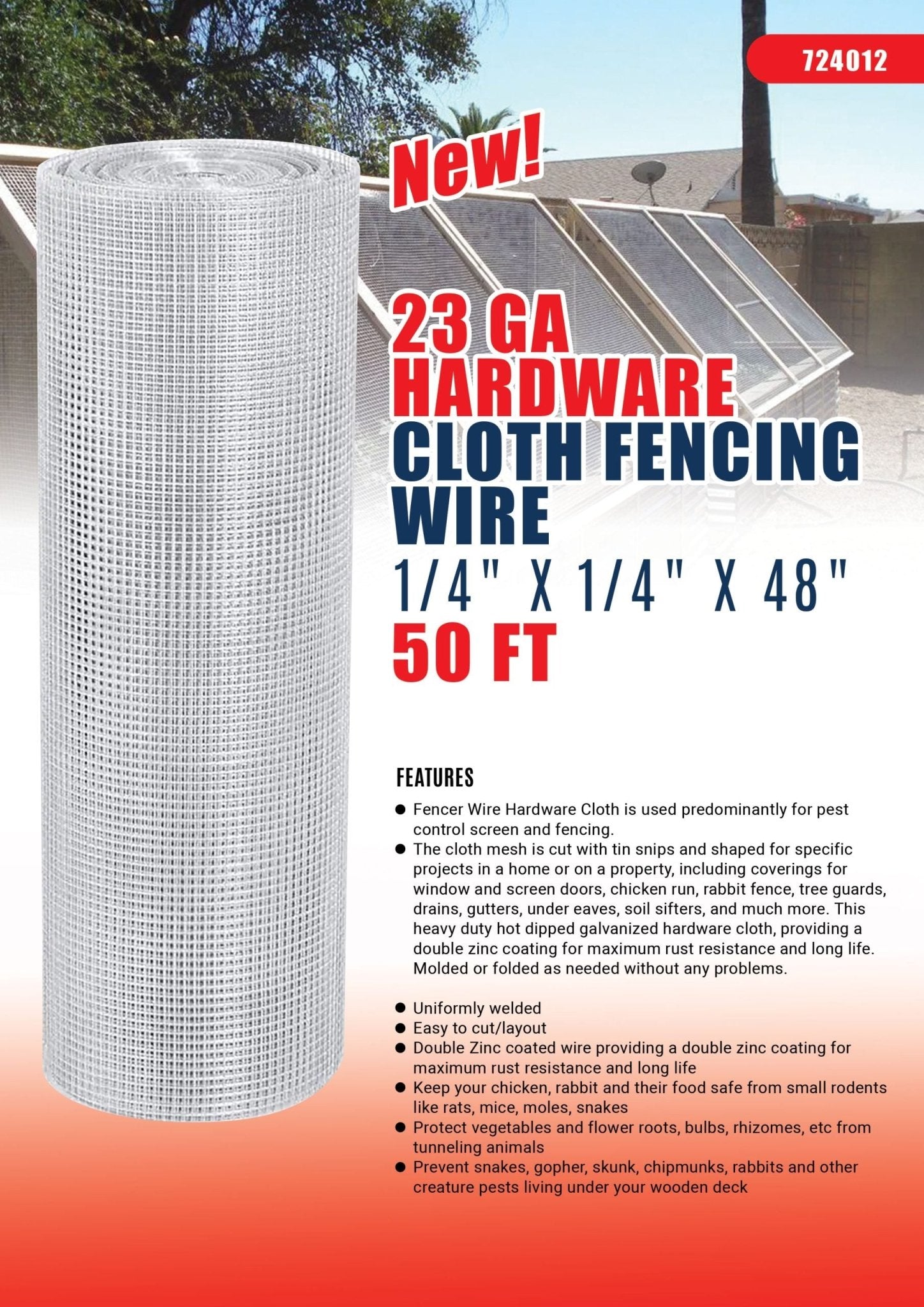 "50 ft 23-Gauge Galvanized Hardware Cloth Fence Roll"

"1/4 inch x 1/4 inch Mesh Galvanized Wire for Garden Fencing"

"Strong Hardware Cloth for Animal Enclosures and Pest Barriers"

"Heavy-Duty 23 GA Galvanized Wire Mesh Roll"

"Outdoor Garden Fencing 1/4 inch Mesh Hardware Cloth"