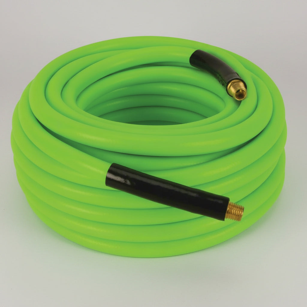 Green hybrid 50 ft air hose with brass fittings
All-weather rubber and PVC air hose coiled
Durable air compressor hose in 3/8 inch and 1/2 inch sizes