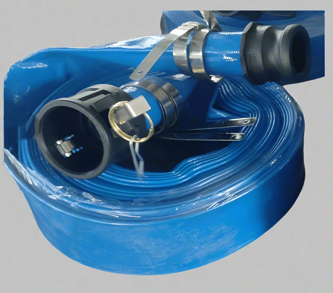 Coiled 50 FT PVC Layflat Discharge Hose with Metal Fittings – Blue

Close-Up of PVC Hose Fittings and Coupler

50 FT Reinforced Irrigation Hose with Clamp Fittings – 2 Inch

Heavy-Duty PVC Layflat Hose for Water Pumping and Transfer

Multiple Sizes of Blue PVC Water Discharge Hose with Connectors