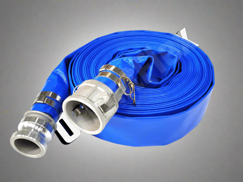 Coiled 50 FT PVC Layflat Discharge Hose with Metal Fittings – Blue

Close-Up of PVC Hose Fittings and Coupler

50 FT Reinforced Irrigation Hose with Clamp Fittings – 2 Inch

Heavy-Duty PVC Layflat Hose for Water Pumping and Transfer

Multiple Sizes of Blue PVC Water Discharge Hose with Connectors
