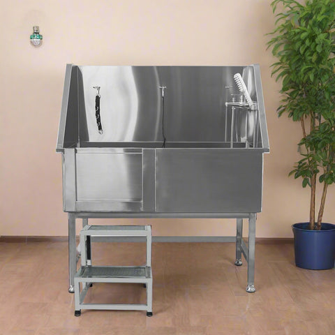 stainless steel dog grooming tub with ramp
pet grooming bath station 50 inch
professional dog bathtub with sprayer
sliding door dog grooming tub
pet grooming tub for commercial use