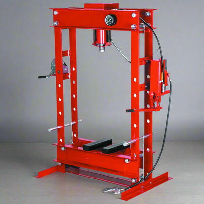 Side view of industrial shop press with dual air/manual pump