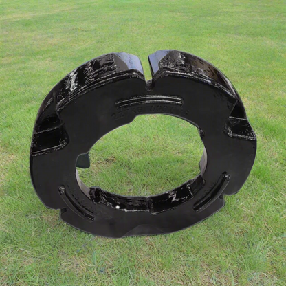 500 lb stacking wheel weight for Case IH and New Holland tractors
Side view of a cast iron tractor wheel weight
Rear view of mounting bolt pattern
Stacked OEM-style tractor weights
Painted and raw versions of the wheel weight