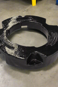 500 lb stacking wheel weight for Case IH and New Holland tractors
Side view of a cast iron tractor wheel weight
Rear view of mounting bolt pattern
Stacked OEM-style tractor weights
Painted and raw versions of the wheel weight
