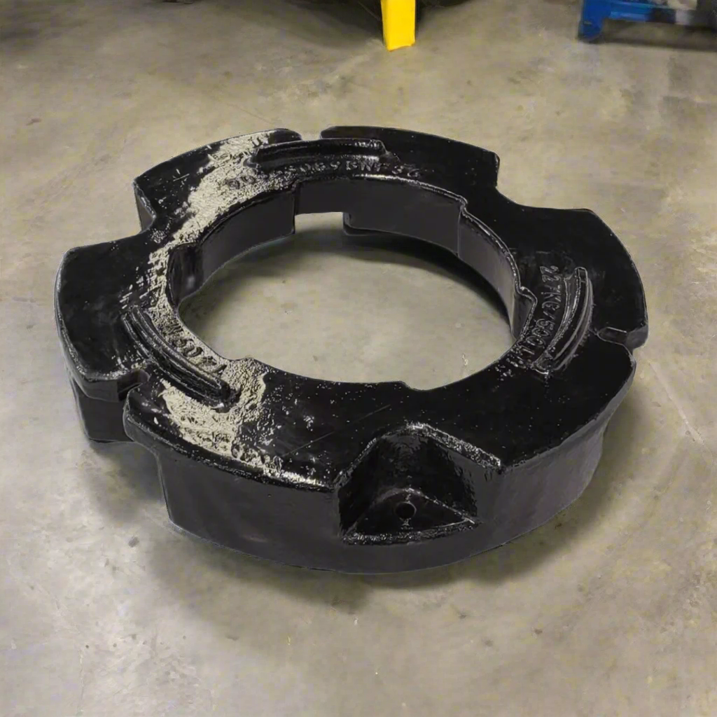 500 lb stacking wheel weight for Case IH and New Holland tractors
Side view of a cast iron tractor wheel weight
Rear view of mounting bolt pattern
Stacked OEM-style tractor weights
Painted and raw versions of the wheel weight