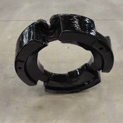 500 lb stacking wheel weight for Case IH and New Holland tractors
Side view of a cast iron tractor wheel weight
Rear view of mounting bolt pattern
Stacked OEM-style tractor weights
Painted and raw versions of the wheel weight