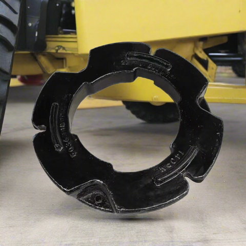 500 lb stacking wheel weight for Case IH and New Holland tractors
Side view of a cast iron tractor wheel weight
Rear view of mounting bolt pattern
Stacked OEM-style tractor weights
Painted and raw versions of the wheel weight