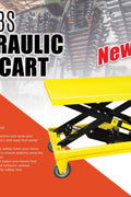 Yellow 500 lb hydraulic lift cart with platform
Side view of mobile work table with foot pedal
Hydraulic lift cart with locking swivel casters
Adjustable scissor lift cart for warehouse
Heavy-duty shop cart with hand lever control