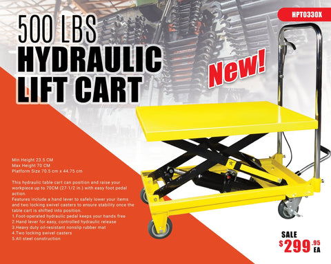 Yellow 500 lb hydraulic lift cart with platform
Side view of mobile work table with foot pedal
Hydraulic lift cart with locking swivel casters
Adjustable scissor lift cart for warehouse
Heavy-duty shop cart with hand lever control