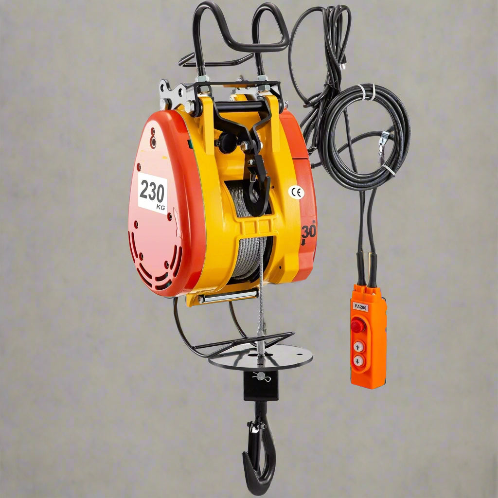 500 lb electric wire rope hoist with steel hook for garage use

Overhead crane hoist 110V with compact body design

Red electric shop hoist 500 lbs capacity for lifting

110V electric hoist with heavy-duty safety hook