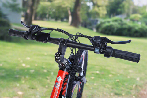 500W electric mountain bike with 26 inch wheels and disc brakes
Rear hub motor and 48V battery mounted on aluminum frame
Side view of electric mountain bike with front suspension
Handlebar and display panel of 21-speed electric bike
29 inch aluminum electric bike with 48V lithium battery