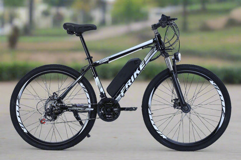 500W electric mountain bike with 26 inch wheels and disc brakes
Rear hub motor and 48V battery mounted on aluminum frame
Side view of electric mountain bike with front suspension
Handlebar and display panel of 21-speed electric bike
29 inch aluminum electric bike with 48V lithium battery
