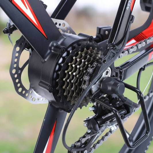 500W electric mountain bike with 26 inch wheels and disc brakes
Rear hub motor and 48V battery mounted on aluminum frame
Side view of electric mountain bike with front suspension
Handlebar and display panel of 21-speed electric bike
29 inch aluminum electric bike with 48V lithium battery