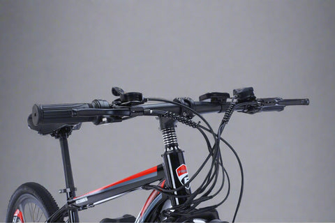 500W electric mountain bike with 26 inch wheels and disc brakes
Rear hub motor and 48V battery mounted on aluminum frame
Side view of electric mountain bike with front suspension
Handlebar and display panel of 21-speed electric bike
29 inch aluminum electric bike with 48V lithium battery