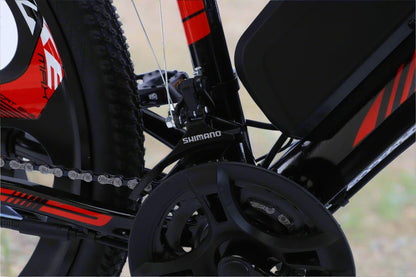 500W electric mountain bike with 26 inch wheels and disc brakes
Rear hub motor and 48V battery mounted on aluminum frame
Side view of electric mountain bike with front suspension
Handlebar and display panel of 21-speed electric bike
29 inch aluminum electric bike with 48V lithium battery