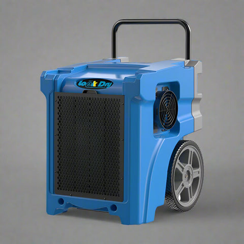 LookDry 50L LGR dehumidifier on wheels

Commercial restoration dehumidifier in blue

Digital control panel of dehumidifier

Rear view showing drainage hose port

LookDry portable dehumidifier for flood repair