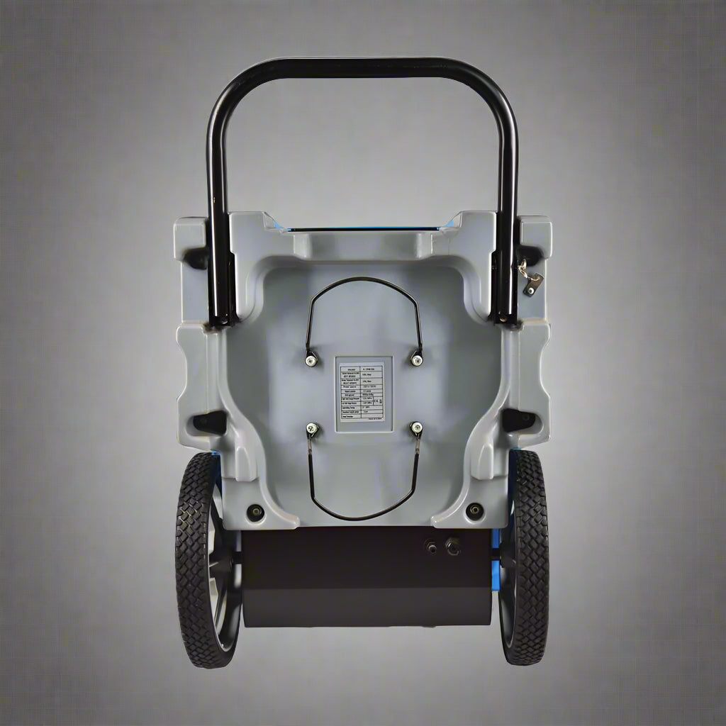 LookDry 50L LGR dehumidifier on wheels

Commercial restoration dehumidifier in blue

Digital control panel of dehumidifier

Rear view showing drainage hose port

LookDry portable dehumidifier for flood repair