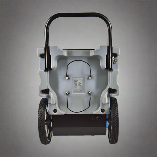 LookDry 50L LGR dehumidifier on wheels

Commercial restoration dehumidifier in blue

Digital control panel of dehumidifier

Rear view showing drainage hose port

LookDry portable dehumidifier for flood repair