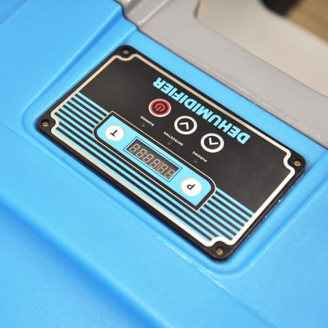 LookDry 50L LGR dehumidifier on wheels

Commercial restoration dehumidifier in blue

Digital control panel of dehumidifier

Rear view showing drainage hose port

LookDry portable dehumidifier for flood repair