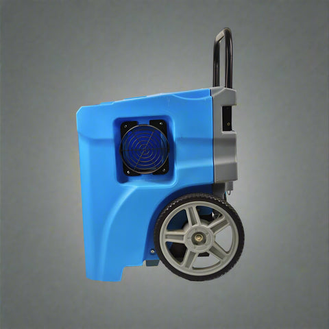 LookDry 50L LGR dehumidifier on wheels

Commercial restoration dehumidifier in blue

Digital control panel of dehumidifier

Rear view showing drainage hose port

LookDry portable dehumidifier for flood repair
