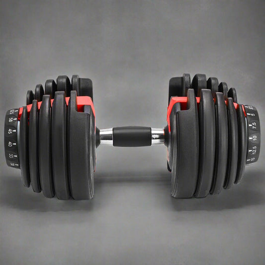 52.5 lb adjustable dumbbell with metal handle and rubber-coated plates
Side view of single adjustable dumbbell for compact home gym use
Unboxed adjustable dumbbell set with weight plate configuration
Compact strength training dumbbell with ergonomic grip