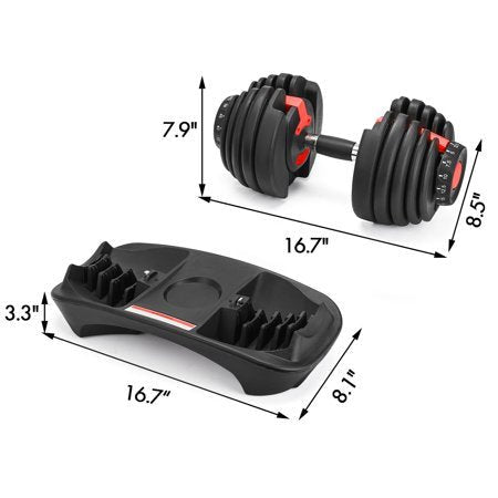 52.5 lb adjustable dumbbell with metal handle and rubber-coated plates
Side view of single adjustable dumbbell for compact home gym use
Unboxed adjustable dumbbell set with weight plate configuration
Compact strength training dumbbell with ergonomic grip