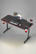 "55-inch carbon fiber gaming desk with LED lighting, USB charging station, dual monitor mount, and headphone hook – ideal for gaming or remote work setups"