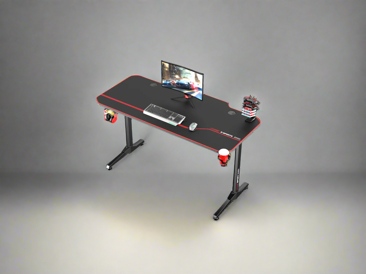"55-inch carbon fiber gaming desk with LED lighting, USB charging station, dual monitor mount, and headphone hook – ideal for gaming or remote work setups"
