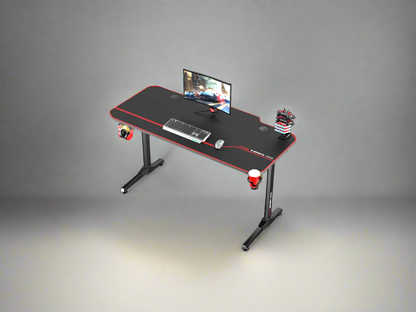 "55-inch carbon fiber gaming desk with LED lighting, USB charging station, dual monitor mount, and headphone hook – ideal for gaming or remote work setups"