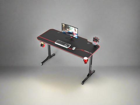 "55-inch carbon fiber gaming desk with LED lighting, USB charging station, dual monitor mount, and headphone hook – ideal for gaming or remote work setups"