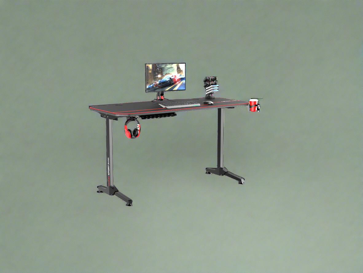 "55-inch carbon fiber gaming desk with LED lighting, USB charging station, dual monitor mount, and headphone hook – ideal for gaming or remote work setups"