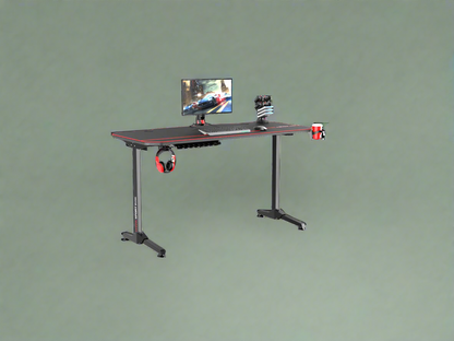"55-inch carbon fiber gaming desk with LED lighting, USB charging station, dual monitor mount, and headphone hook – ideal for gaming or remote work setups"