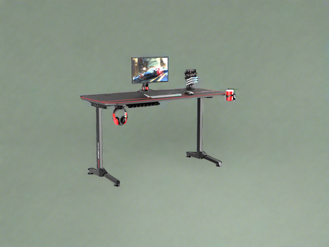 "55-inch carbon fiber gaming desk with LED lighting, USB charging station, dual monitor mount, and headphone hook – ideal for gaming or remote work setups"