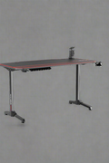 "55-inch carbon fiber gaming desk with LED lighting, USB charging station, dual monitor mount, and headphone hook – ideal for gaming or remote work setups"