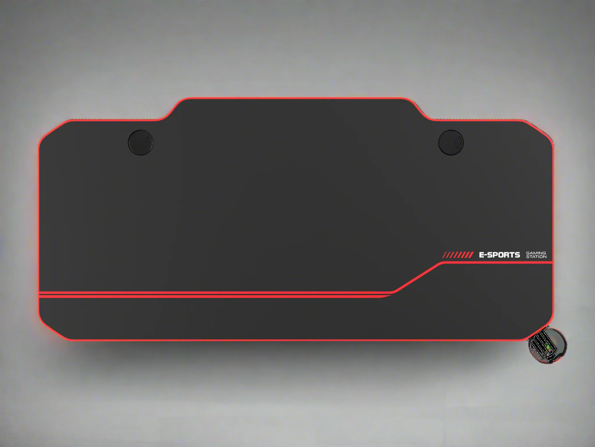 "55-inch carbon fiber gaming desk with LED lighting, USB charging station, dual monitor mount, and headphone hook – ideal for gaming or remote work setups"