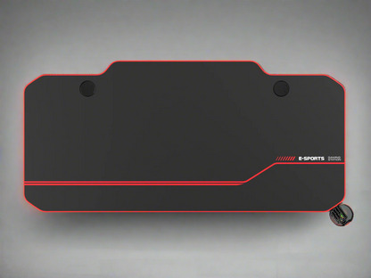 "55-inch carbon fiber gaming desk with LED lighting, USB charging station, dual monitor mount, and headphone hook – ideal for gaming or remote work setups"