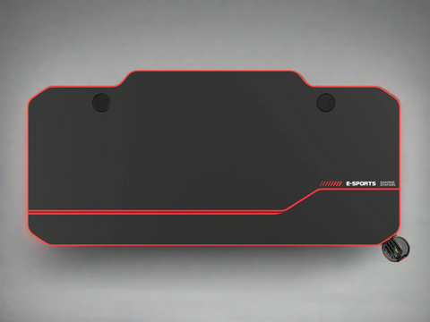"55-inch carbon fiber gaming desk with LED lighting, USB charging station, dual monitor mount, and headphone hook – ideal for gaming or remote work setups"