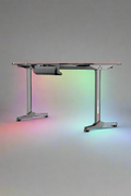 "55-inch carbon fiber gaming desk with LED lighting, USB charging station, dual monitor mount, and headphone hook – ideal for gaming or remote work setups"