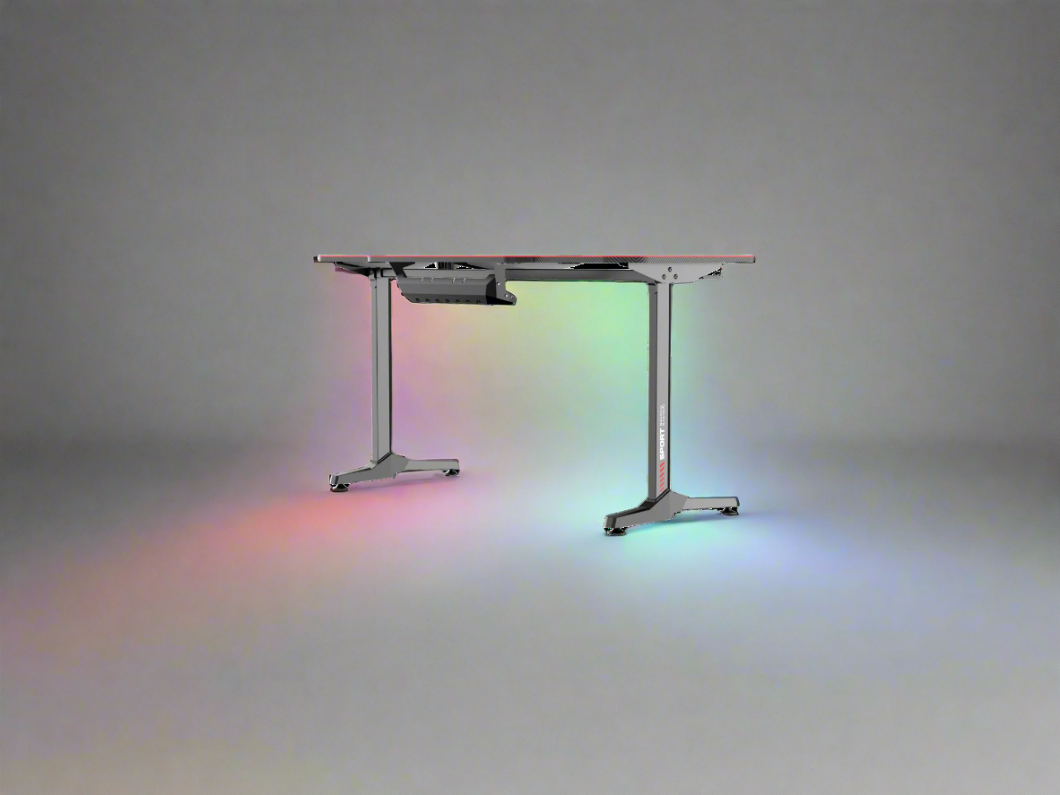 "55-inch carbon fiber gaming desk with LED lighting, USB charging station, dual monitor mount, and headphone hook – ideal for gaming or remote work setups"