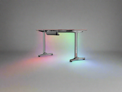 "55-inch carbon fiber gaming desk with LED lighting, USB charging station, dual monitor mount, and headphone hook – ideal for gaming or remote work setups"