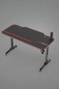 "55-inch carbon fiber gaming desk with LED lighting, USB charging station, dual monitor mount, and headphone hook – ideal for gaming or remote work setups"