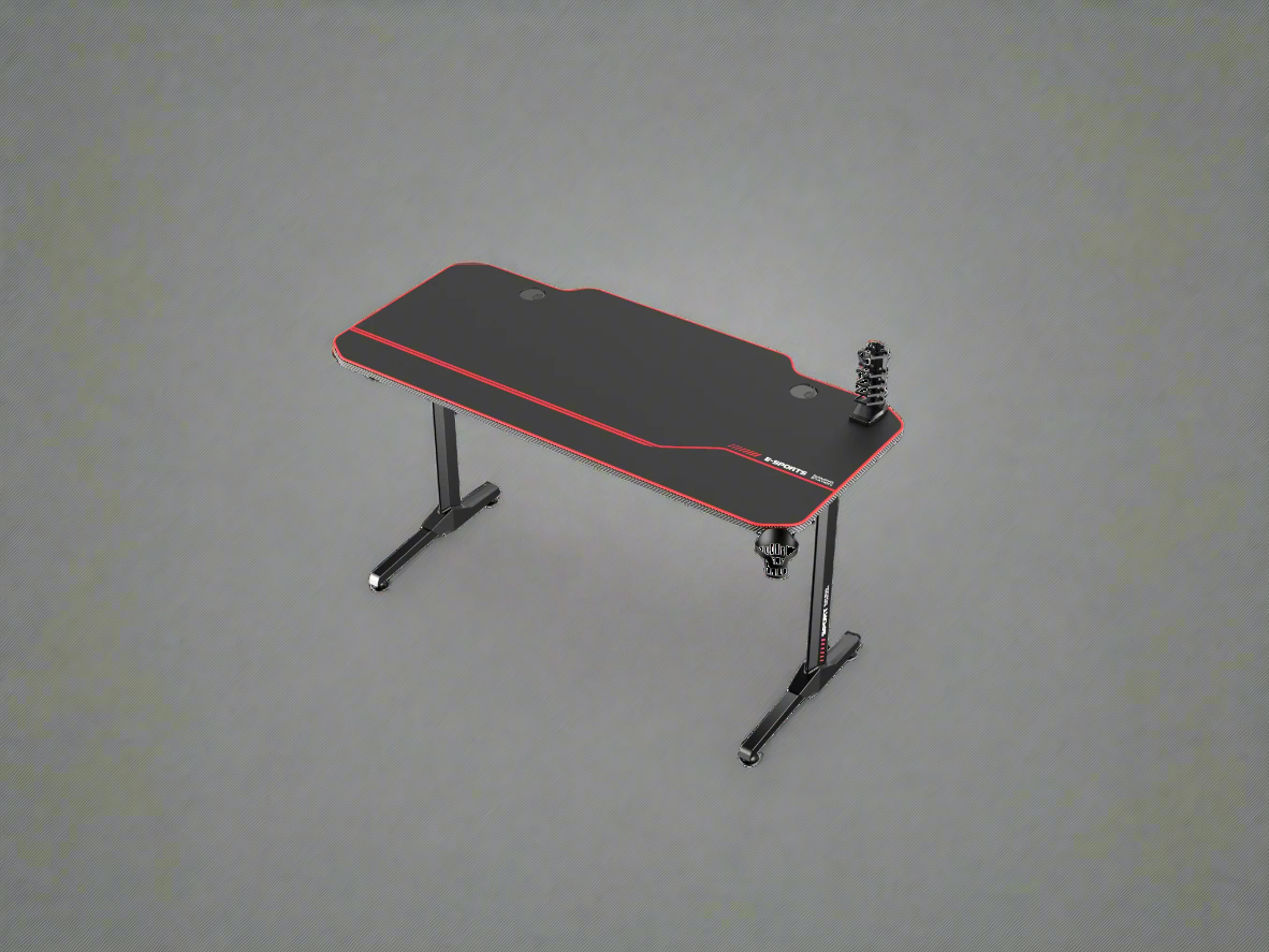 "55-inch carbon fiber gaming desk with LED lighting, USB charging station, dual monitor mount, and headphone hook – ideal for gaming or remote work setups"