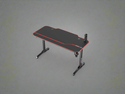 "55-inch carbon fiber gaming desk with LED lighting, USB charging station, dual monitor mount, and headphone hook – ideal for gaming or remote work setups"