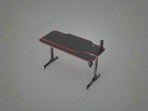 "55-inch carbon fiber gaming desk with LED lighting, USB charging station, dual monitor mount, and headphone hook – ideal for gaming or remote work setups"