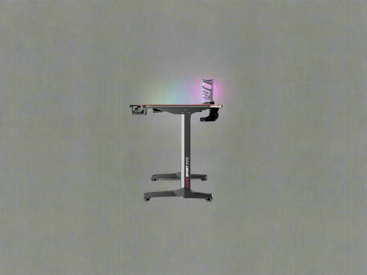 "55-inch carbon fiber gaming desk with LED lighting, USB charging station, dual monitor mount, and headphone hook – ideal for gaming or remote work setups"