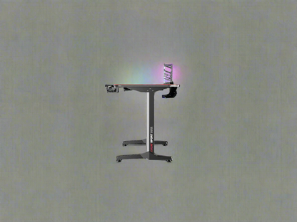 "55-inch carbon fiber gaming desk with LED lighting, USB charging station, dual monitor mount, and headphone hook – ideal for gaming or remote work setups"