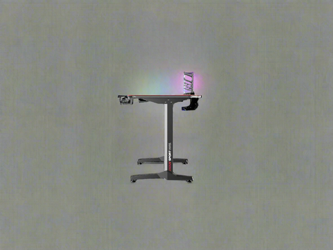 "55-inch carbon fiber gaming desk with LED lighting, USB charging station, dual monitor mount, and headphone hook – ideal for gaming or remote work setups"