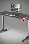 "55-inch carbon fiber gaming desk with LED lighting, USB charging station, dual monitor mount, and headphone hook – ideal for gaming or remote work setups"