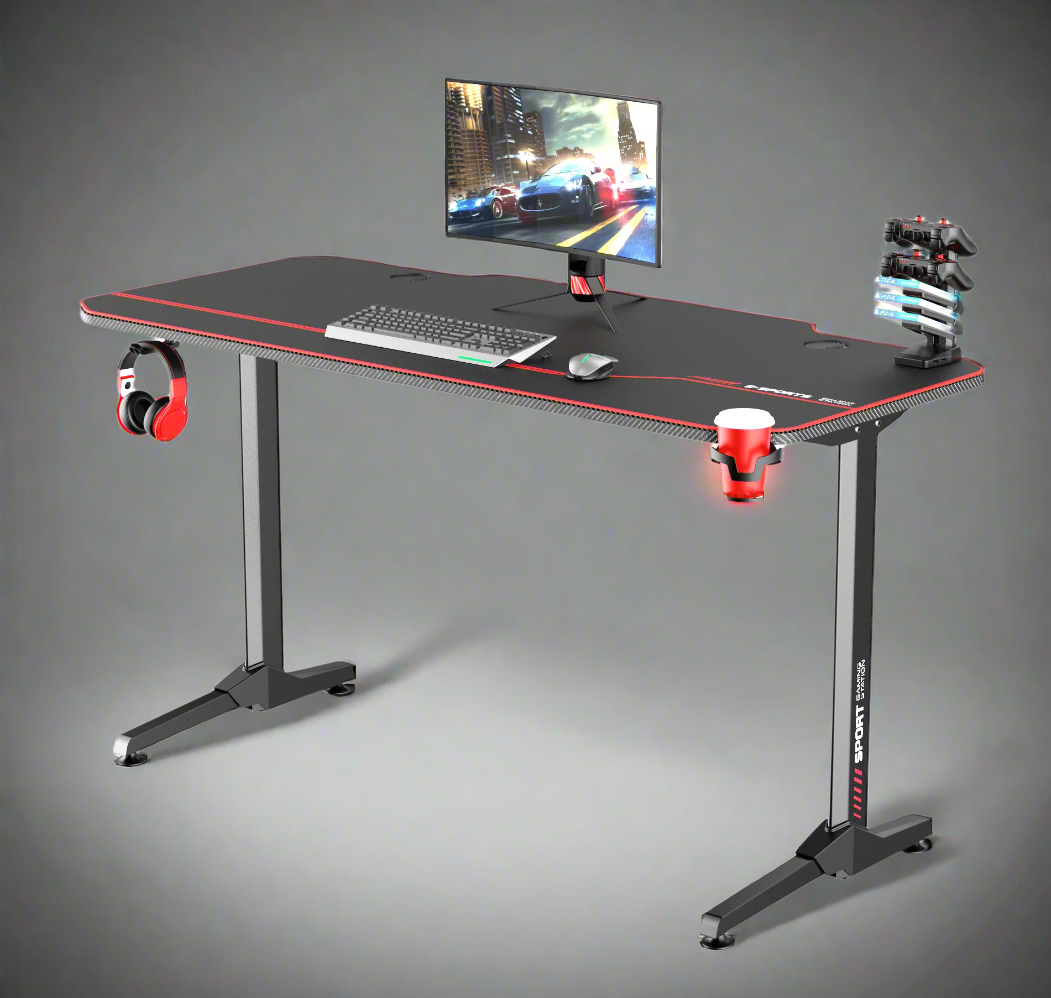 "55-inch carbon fiber gaming desk with LED lighting, USB charging station, dual monitor mount, and headphone hook – ideal for gaming or remote work setups"